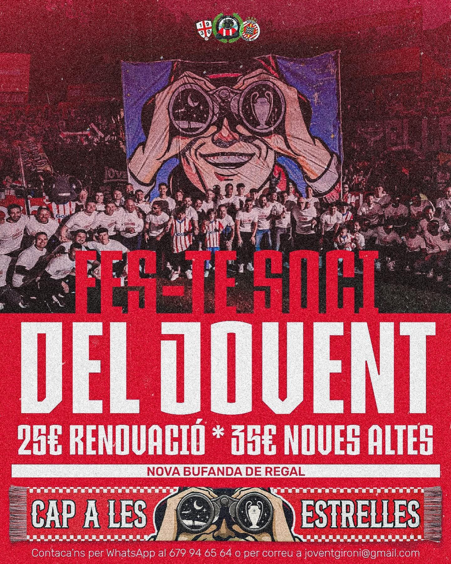 Fes-te soci del Jovent Gironí: Preu Renovació 25€, Preu Noves Altes 35€, Regal: nova bufanda temporada 2024/2025